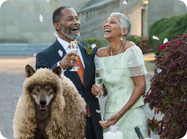 Older couple celebrates next to a wolf in sheep's clothing