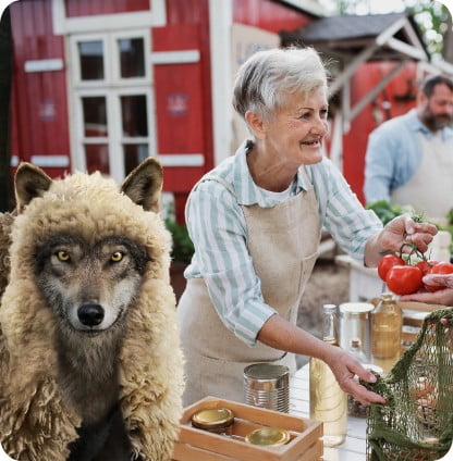 Elderly woman at farmer's market next to a wolf in sheep's clothing