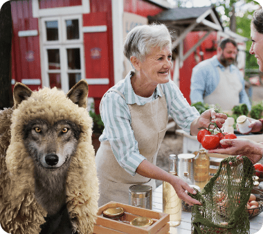 Elderly woman at farmer's market next to a wolf in sheep's clothing