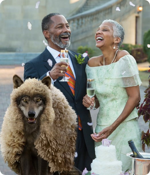 Older couple celebrates next to a wolf in sheep's clothing
